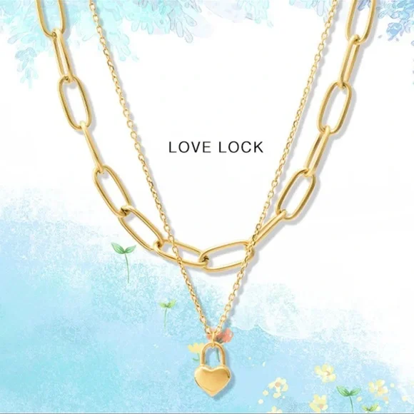 18K Gold Plated Layering Heart Lock Pendant Necklace - Picture 13 of 14